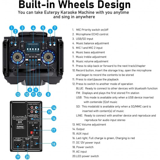 Euterpy Karaoke Machine for Adults, Portable PA System Bluetooth Speaker with 10'' Subwoofer, 2 Wireless Microphones+DJ Light+iPad Stand, for Home Karaoke Singing, Party, Meeting, Class and Church