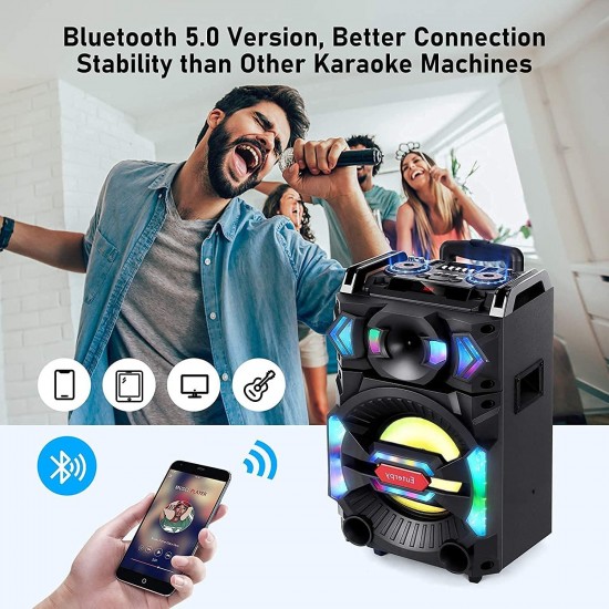 Euterpy Karaoke Machine for Adults, Portable PA System Bluetooth Speaker with 10'' Subwoofer, 2 Wireless Microphones+DJ Light+iPad Stand, for Home Karaoke Singing, Party, Meeting, Class and Church